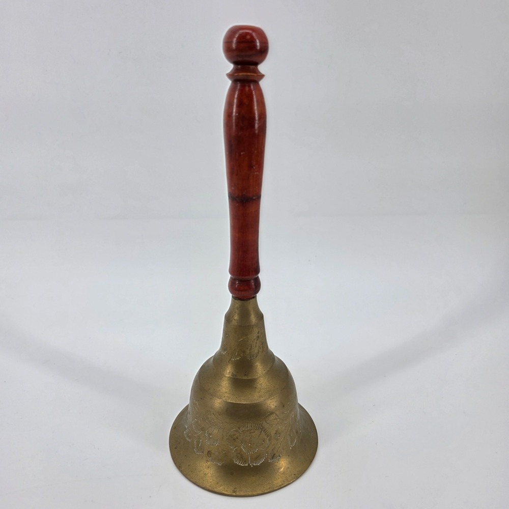 Vintage‎ Etched Brass Hand Bell with Wood Handle Made in India